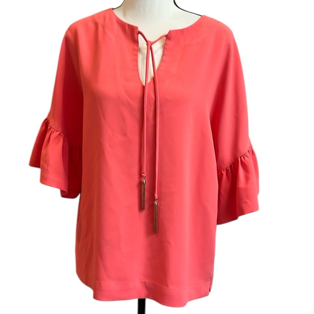 Trina Turk Coral Ruffle Edge 3/4 Sleeve Top Tie Neck Medium